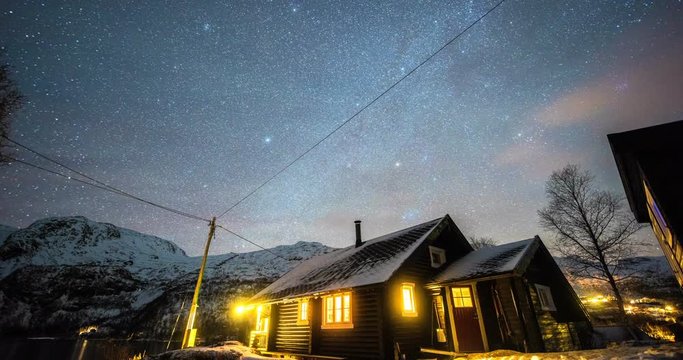 FLAM, NORWAY &ndash; FEBRUARY,2017 : Amazing timelapse of wooden cabin at night with beautiful landscape and Milky Way in view