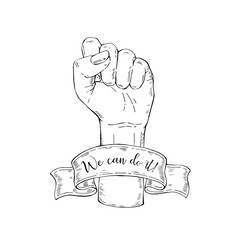 Vector hand-drawn background, sketch illustration. Template for printing, advertising, poster, poster, web design. Female hand with fist raised up. Symbol of feminism. We can do it. vintage rose