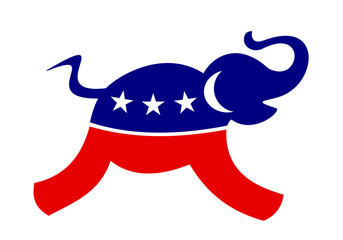 Fast elephant is running. Animal has colors of American Republican party. Vector illustration
