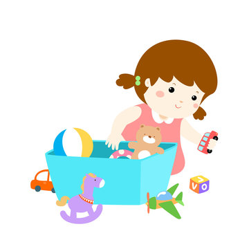 Illustration of cartoon cute girl storing toys.