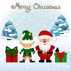Christmas card. Funny postcard with Christmas Elf and Santa.