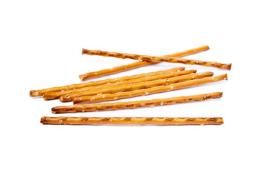 Salty cracker pretzel sticks isolated on white background