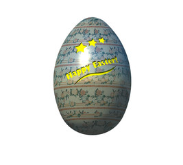 Decorative Easter egg textured with floral pattern 3D illustration. Carved yellow stars and text, isolated on white. Collection.