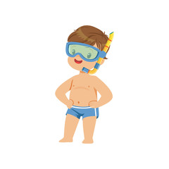 Cute little boy wearing diving mask with snorkel, kid playing at the beach, happy infants outdoor activity on summer vacations vector Illustration
