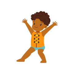 Cute little african american boy wearing life safety jacket, kid playing at the beach, happy infants outdoor activity on summer vacations vector Illustration
