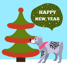 Happy New Years Placard with Tree and Puppy Icons