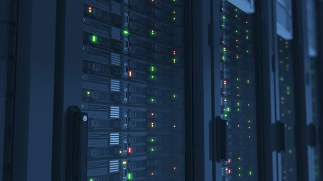 Beautiful Working Servers Close-up in Modern Data Center. Cloud Computing Data Storage Flashing Lights. Heavy 3d Rendering. Looped 3d animation. 4k Ultra HD 3840x2160.