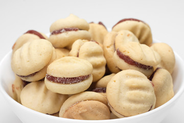 Traditional Brazilian guava paste cookies called goiabinha in a  bowl close