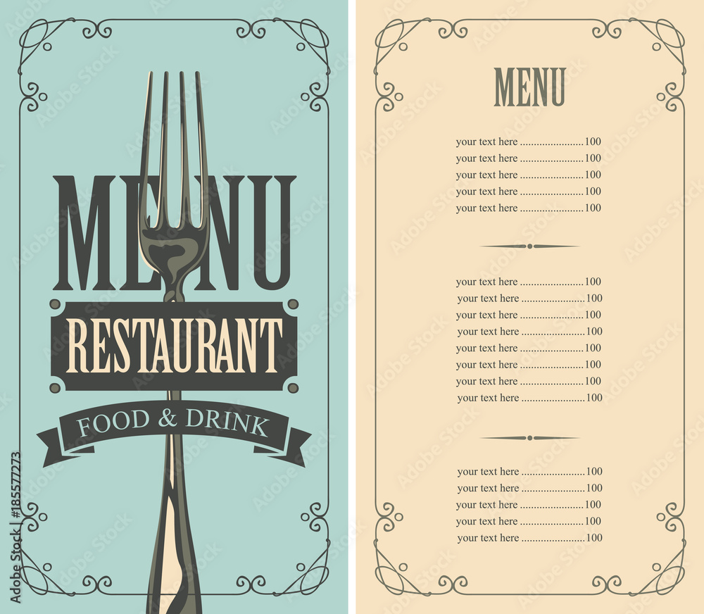 Poster vector template menu for restaurant with price list and fork in curly frame in retro style