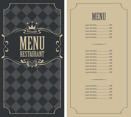Vector template menu for restaurant with price list and crown in curly frame on the checkered background in retro style