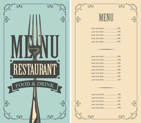 Vector template menu for restaurant with price list and fork in curly frame in retro style