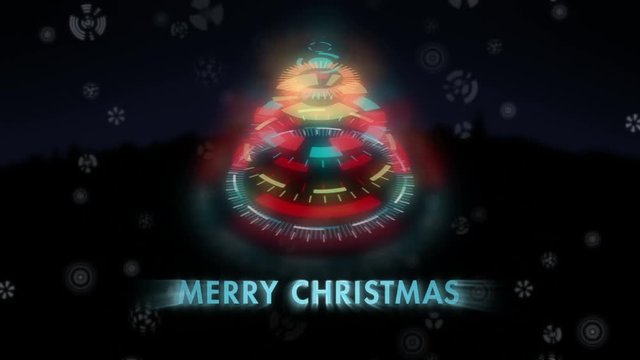 Mechanical abstract Christmas tree animation. Stylized multicolored snowflakes on black background. Stylized falling snowflakes. Animated Sign Merry Christmass. Hi tech background with circles.