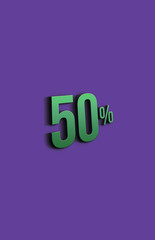 3d Ggreen discount 50 percent off on purple background. illustration for promotion discount sale advertising.