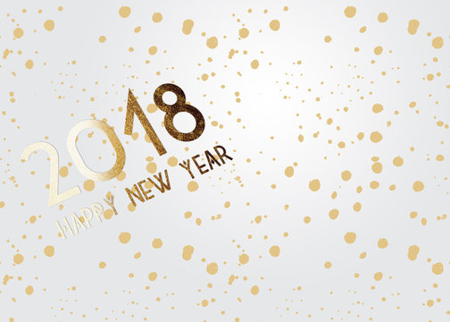 2018 New Year grey background with gold glitter confetti splatter texture. Festive premium design template for holiday greeting card, invitation, calendar poster, banner