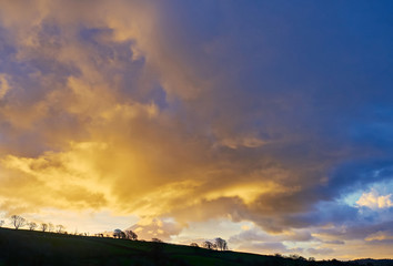 Golden sunrise over the Welsh countryside in a winter landscape bringing light to green fields and meadows with silhouetted trees on the horizon. The sky is cast with golden yellow and blue clouds.