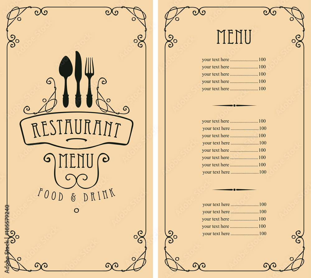 Poster vector template menu for restaurant with price list and cutlery in curly frame on a light background