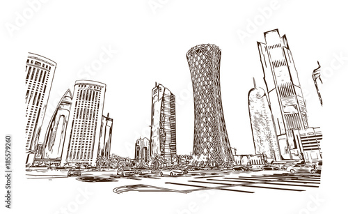 Download "Skyline Doha City, Qatar. Hand drawn sketch in vector ...