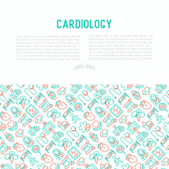 Cardiology concept with thin line icons set: cardiologist, stethoscope, hospital, pulsometer, cardiogram, heartbeat. Modern vector illustration for banner, web page, print media.
