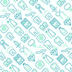 Dentist seamless pattern with thin line icons of tooth, implant, dental floss, crown, toothpaste, medical equipment. Modern vector illustration.