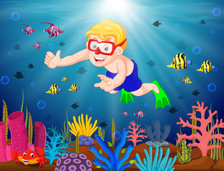 Obraz na płótnie Canvas Cartoon boy diving in the sea