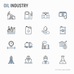 Oil industry thin line icons set: gas, petroleum, diesel,  truck, tanker, ship, refinery, barrel. Modern vector illustration.