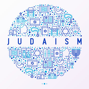 Judaism concept in circle with thin line icons: Orthodox jew, star of David, sufganiyot, hamsa, candles, synagogue, skullcap, rosary, Western Wal, Tanakh. Vector illustration, template for web page.