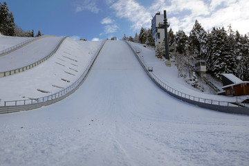 Landing area of a Ski jumping hill, Seefeld, Austria. View to the take-off Zone.