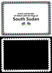 Frame and border of ribbon with the South Sudan flag for diplomas, congratulations, certificates. Alpha channel. 3d illustration