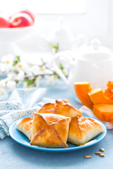 Delicious homemade baking. Patties with fresh pumpkin on white background, closeup