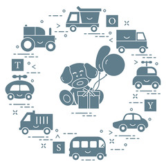 Baby cars, cubes, puppy, gift, balloons.