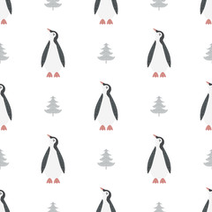 Christmas seamless pattern with the image of a penguin in Scandinavian style. Vector illustration