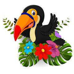 Cartoon toucan with tropical flower and leave background