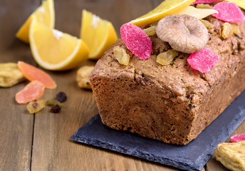 Homemade Tasty Fruit Cake Cake with Dried Fruit and Nuts Wooden Background Close Up