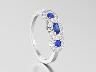 3D illustration white gold or silver three sapphire stone solitaire engagement ring