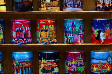 Colorful cups in a market sale in Prague, Close up.