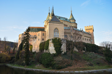 Fototapeta na wymiar Looking across the moat that surrounds Bojnice Castle in Slovakia