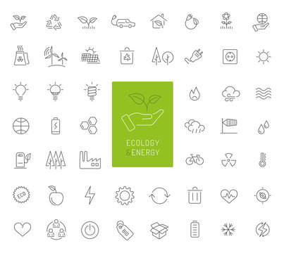 50 ecology, energy and environment thin line icons