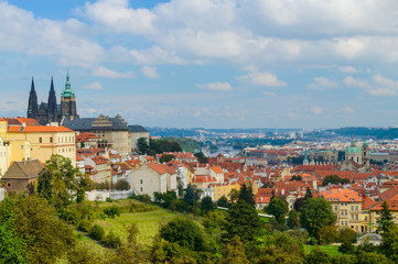 Fototapeta premium Panoramic aerial view of Old Town square in Prague in a beautiful summer day, Czech Republic