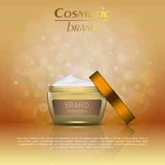 Vector 3D cosmetic illustration on a soft light blurred background with bokeh. Beauty realistic cosmetic product design template.