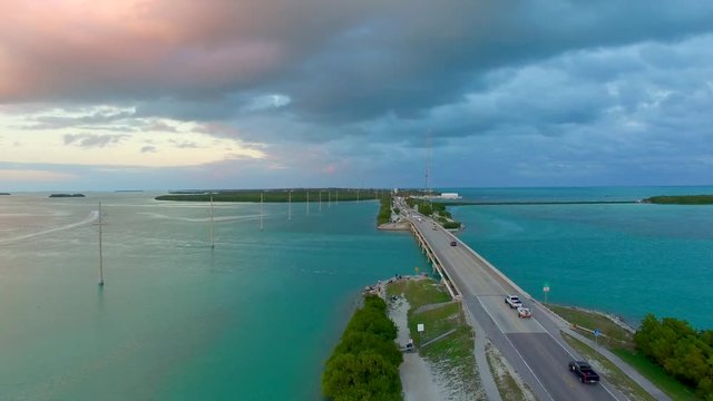 Bridge of Keys Islands at sunset, aerial view of Florida