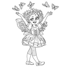 Cute girl in the costume of a spring fairy with butterflies outlined isolated on a white background
