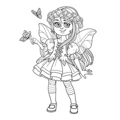 Cute girl in the costume of a spring fairy holds a butterfly on her finger outlined isolated on a white background