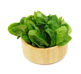 Fresh spinach in wooden bowl isolated on white