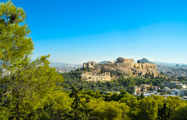 Fototapeta na wymiar Parthenon acropolis among pine trees Athens Greece
