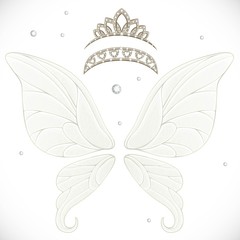 Magic fairy wings with two tiaras with hearts bundled isolated on a white background
