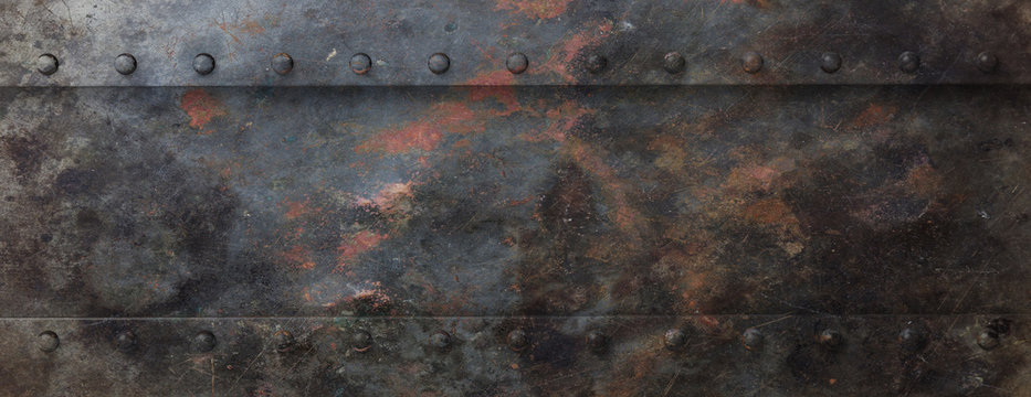 Rusty black metal plate with bolts background, banner. 3d illustration