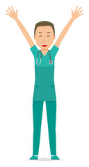 A male doctor wearing a green scrub raises his hands