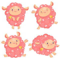 Fototapeta premium Vector illustration clipart set of cute funny pink girl sheep dancing running jumping staying with bell for kids and babies print and textile design, wall design, stickers, art