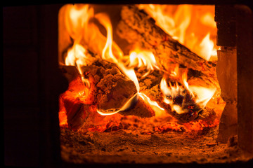 Fire and coals in fireplace furnace