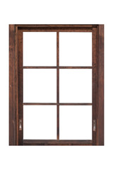 Brown wood window frame isolated on white background